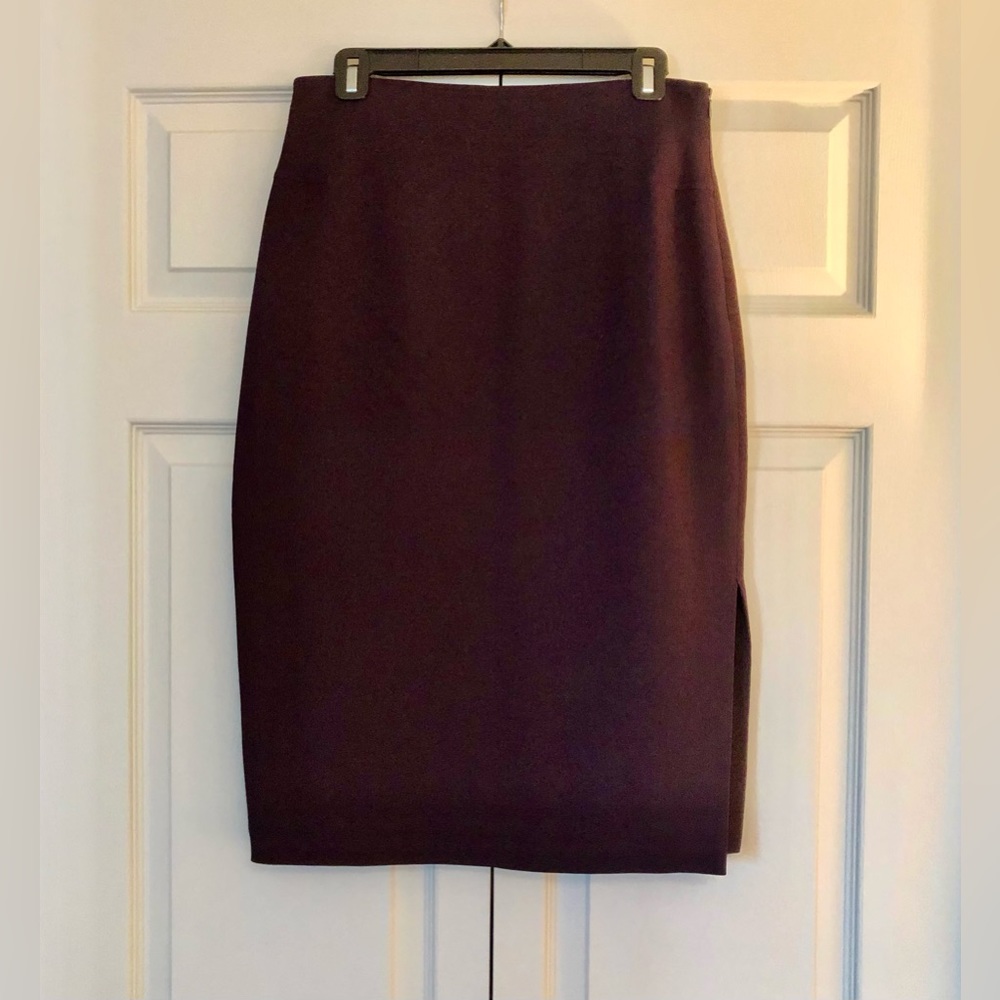 Ron Leal. Dark plum, pencil skirt. Invisible zipper. 10” Side-slit. Size 10. $50